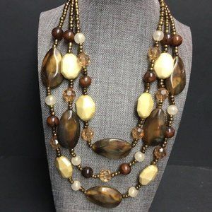 Chunky Triple Statement Necklace Copper Brown Beige Seed Beads Retro BoHo